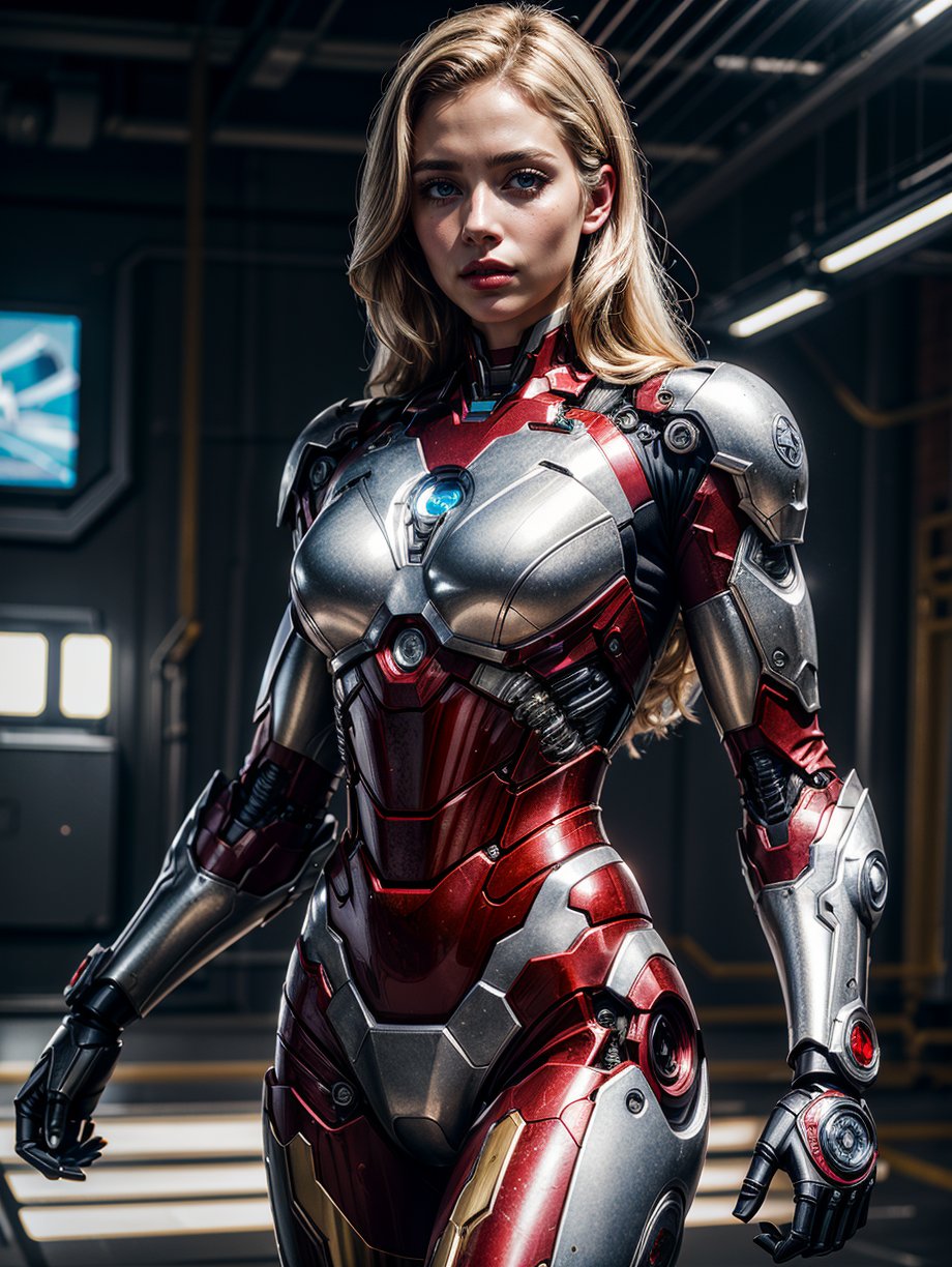 (RAW photo, 4k, masterpiece, high res, extremely intricate) (photorealistic:1.4), cinematic lighting blonde girl, solo focus, cowboy shot,indoors,the upper part of the body, extremely detailed 8k wallpaper, beautiful detailed eyes, artbook, photo, real, realistic, futuristic knight, (silver, long hair), mecha girl, mechanical parts, space station, Expressive Hues, Vibrant Palette, ironman suit <lora:more_details:0.5> <lora:mecha_offset:1.1>