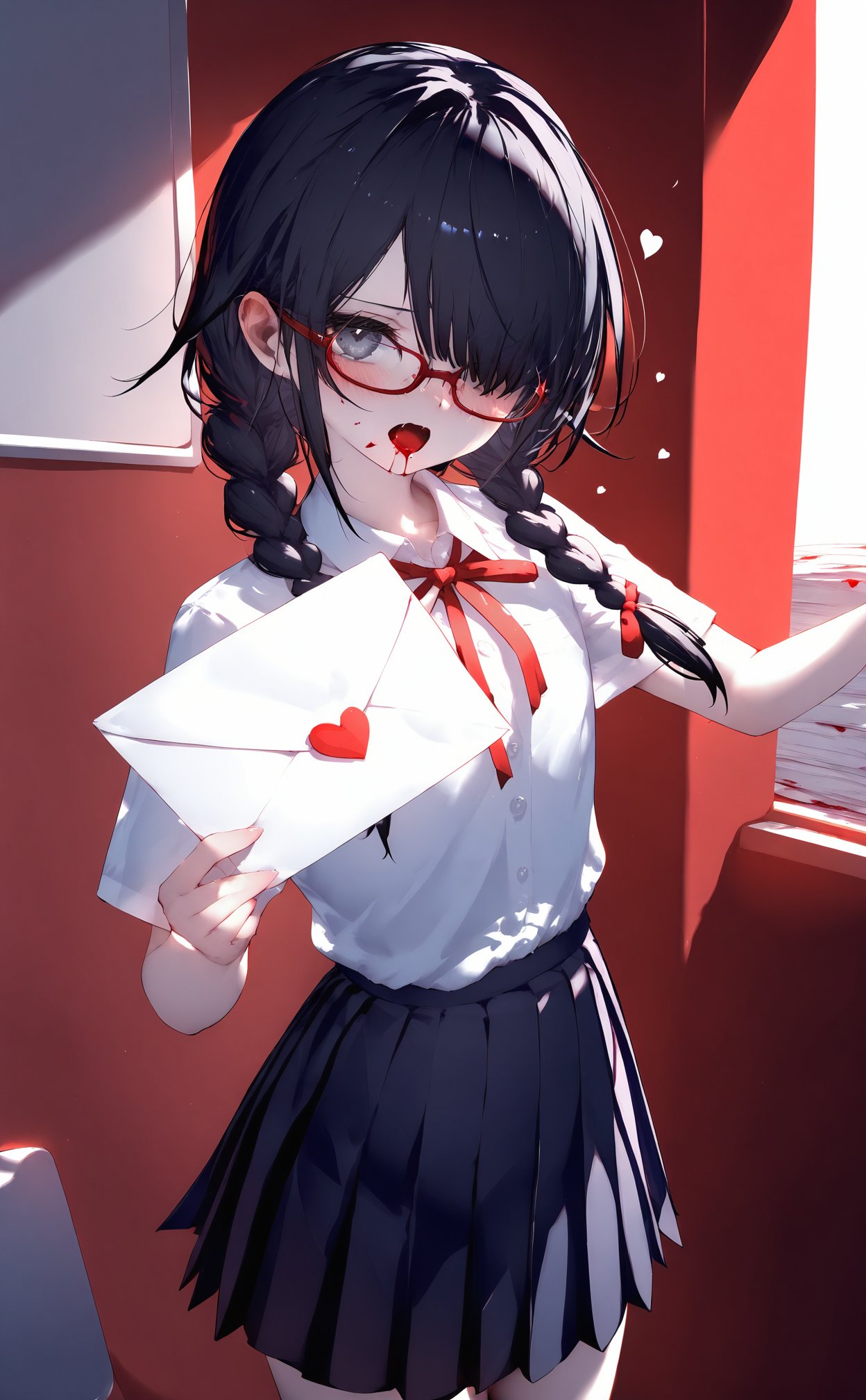 masterpiece,best quality,high quality,(colorful),nai3 Style,loli,1girl,nosebleed,blood,love letter,solo,glasses,shirt,black hair,braid,long hair,skirt,white shirt,ribbon,looking at viewer,blush,red ribbon,holding,open mouth,neck ribbon,black skirt,red-framed eyewear,heart,short sleeves,school uniform,collared shirt,grey eyes,indoors,letter,twin braids,envelope,pleated skirt,dress shirt,hair over one eye,transparent,