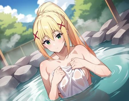 score_9, score_8_up, score_7_up, source_anime,lalatinadustinessford, <lora:lalatina-dustiness-ford-s2-ponyxl-lora-nochekaiser:1>,darkness \(konosuba\), long hair, green eyes, blonde hair, hair ornament, ponytail, braid, x hair ornament,nude, naked,outdoors, onsen, towel, naked towel, steam, bathing, nude cover, partially submerged, water, bath, steam censor, wet towel,looking at viewer, dutch angle, cowboy shot,