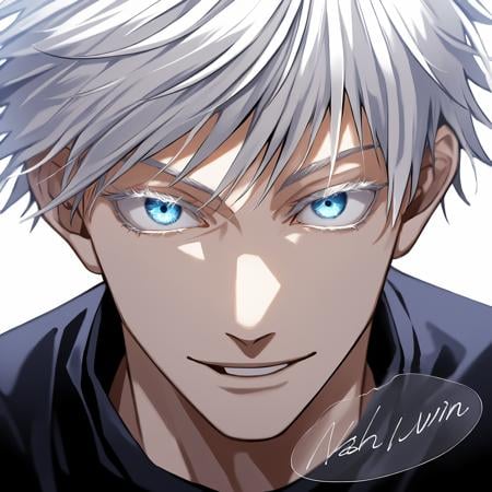 1boy, male focus, gojou satoru, jujutsu kaisen, speech bubble saying "nah i'd win", black shirt, shirt, parted lips, white background, solo, looking at viewer, smile, white hair, blue eyes, short hair, best quality, amazing quality, best aesthetic, absurdres, year 2023