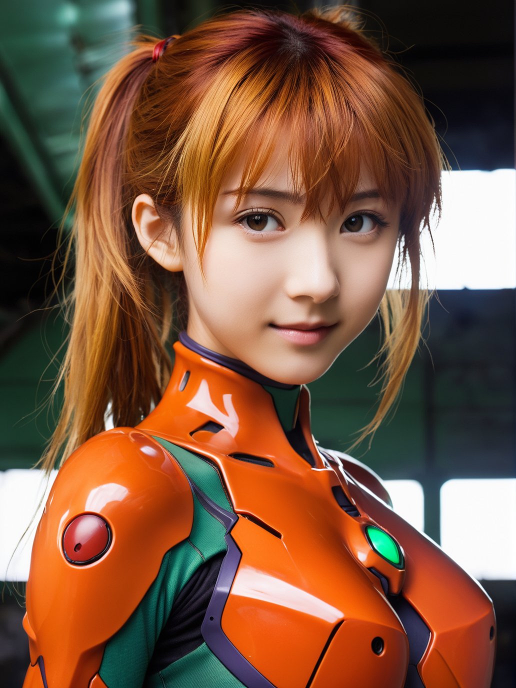 japanese 18 y.o girl,photorealistic,(souryuu asuka langley,neon genesis evangelion,friendly,smile,close up),anatomically correct,very complex,detailed and rich,Cinematic Lighting,smile,the real skin pores are clearly visible,backlight,golden moment,hangar,red | orange | green armor,3/4 side,