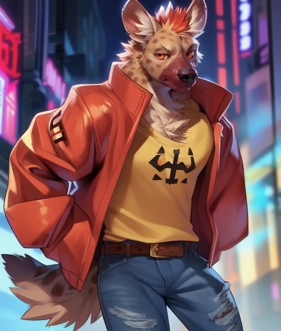 (detailed background:1.2), cyberpunk city night background, blurry background,best quality, best hands, high quality, shaded, best eyes, by darkgem, by sindenbock, by taran fiddler, sketch, stylized, painted, by burnbuckie, by nezumi, by sindoll, lineart(andromorph canine hyena male with somewhat average athletic build, very broad shoulders, broad chest, thin torso:1.4), (realistic fur:0.1),  tail,(neck fluff,  leg tufts:1.4), orange red fur, two tone body, serious expression, frown, frowning, looking away from viewer, hands in pocket, (loose yellow tshirt with large decal on it, large red puffy jacket with many decals, open jacket, tight jeans with belt, orange eyes, scrunched up sleeves:1.5), full body, red snout, short orange hair, red spots, sfw, solo, standing, moving, movement, side front upper body shot, tired look, hunched over pose, movement, moving, walking, (very short build, short thin legs, red snout:1.5), flowing jacket, tired eyes, stocking fur, bare forearms, white armband, short upper body, head down, slightly bent over, red mouth,