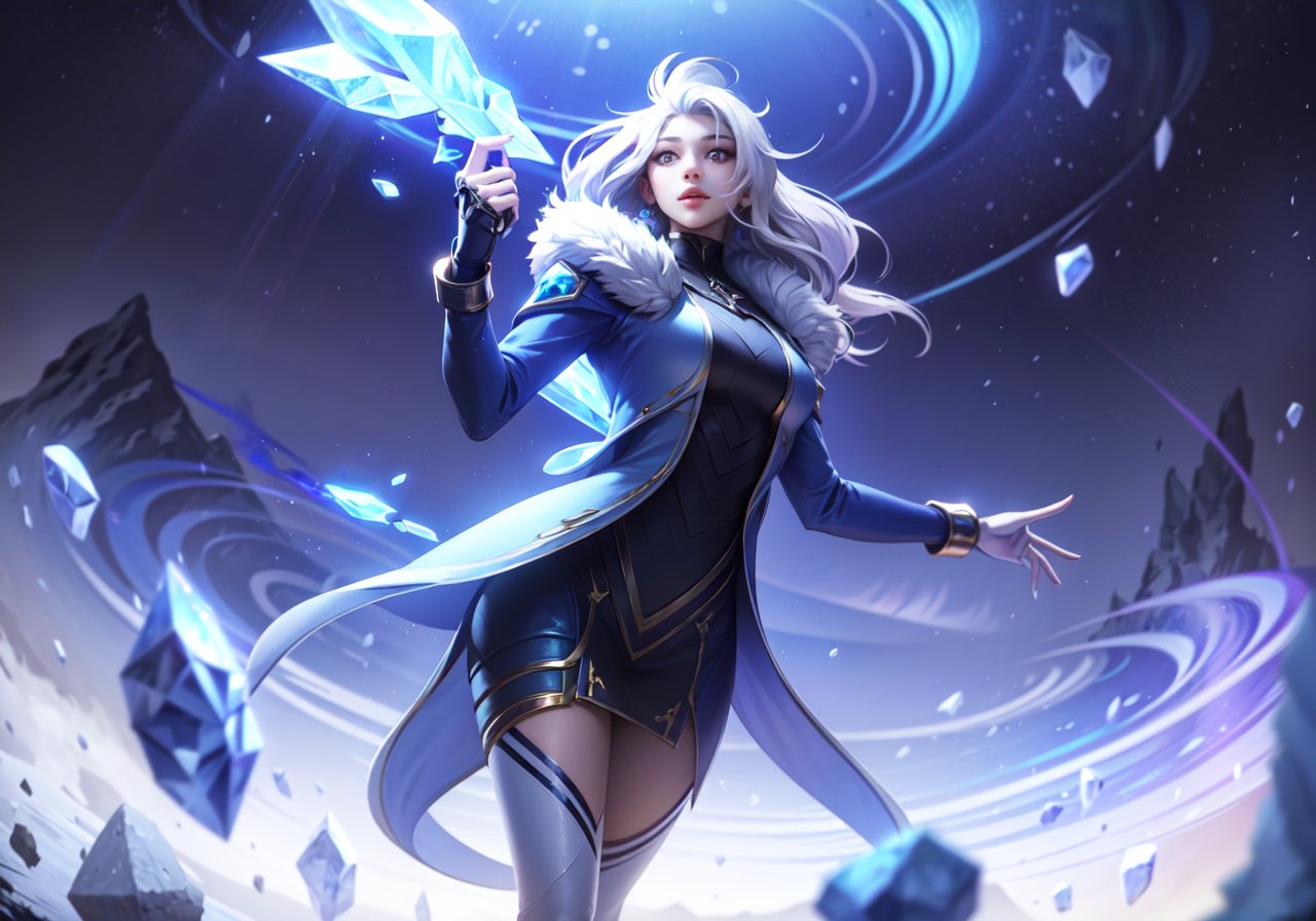 (masterpiece, best quality,top quality),(wide shot:0.95),(full body),Dynamic angle,solo,1 girl,looking at viewer,silver hair,long hair,archer,ice,blue coat,fur,blue theme,(mountain in background:1.2),aurora,depth_of_field,planet in background,particle effects,<lora:【moba】lol淘宝款:0.8>,