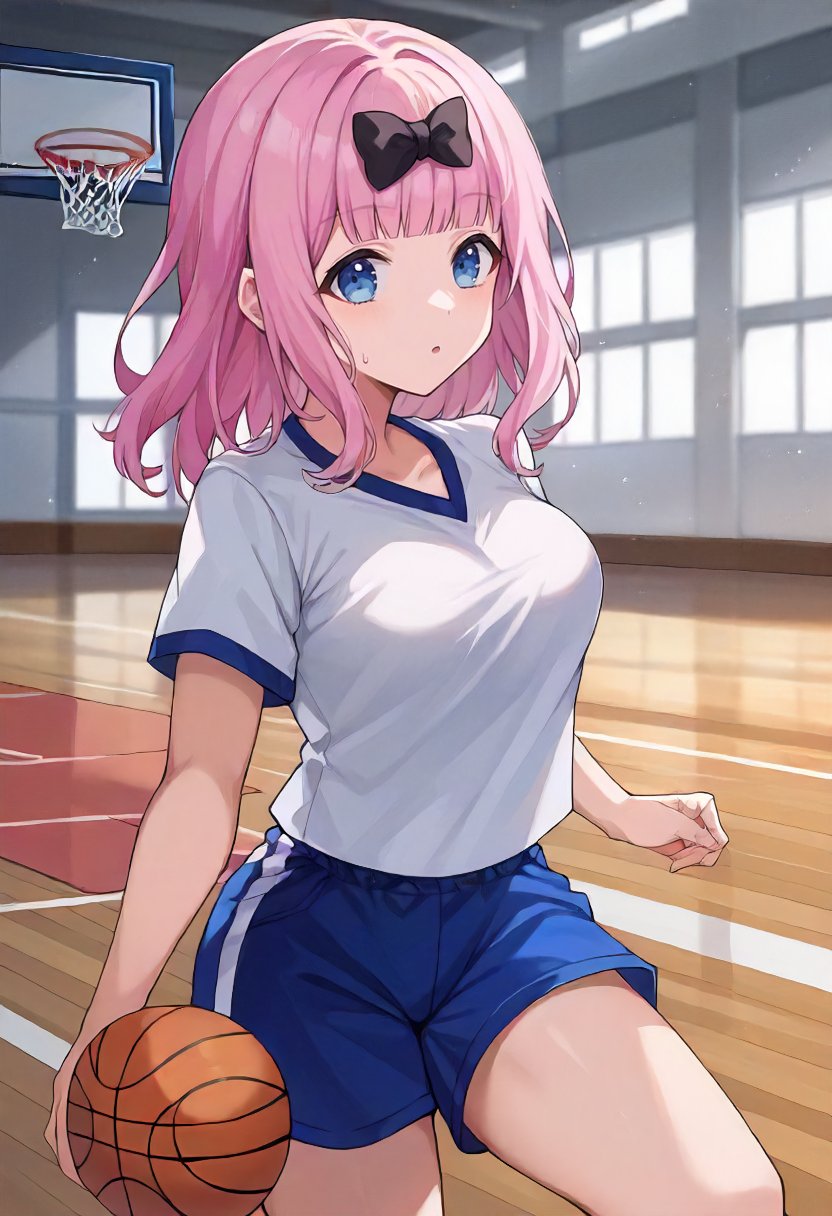 score_9, score_6_up, source_anime, 1girl, solo, indoors, basketball, chika, blue eyes, pink hair, hair bow, white t-shirt, blue shorts, gym uniform, black bow, medium breasts <lora:love_is_war_sdxl_pony:0.8>