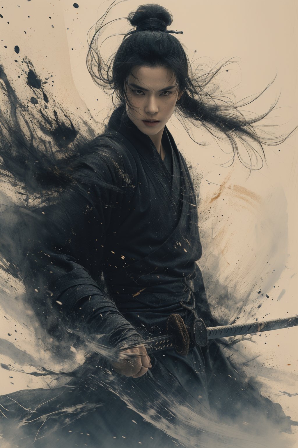 sdmai, wuxia, Chinese ink painting, artistic ink painting, Chinese martial arts films, wearing black robes, fighting posture, cinematic grandeur, splashing details, wild and powerful, weapon, sword, solo, 1boy, black hair, male focus, holding weapon, holding, holding sword, long hair, looking at viewer, topknot, japanese clothes, scar, hair bun, katana  <lora:SDMAI武侠wuxia:0.8>