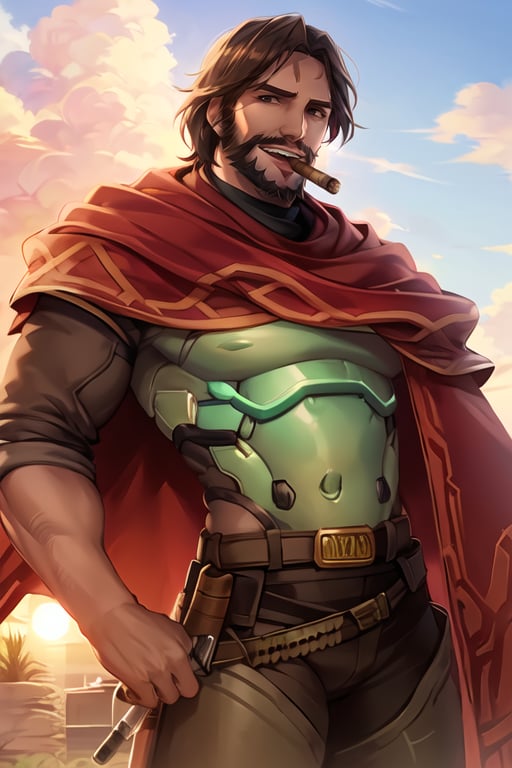 mccree, western setting, red poncho, cape, setting sun in background, smile,  confident pose, cigar in mouth,  <lora:McCreeV1-000024:0.7>, best quality