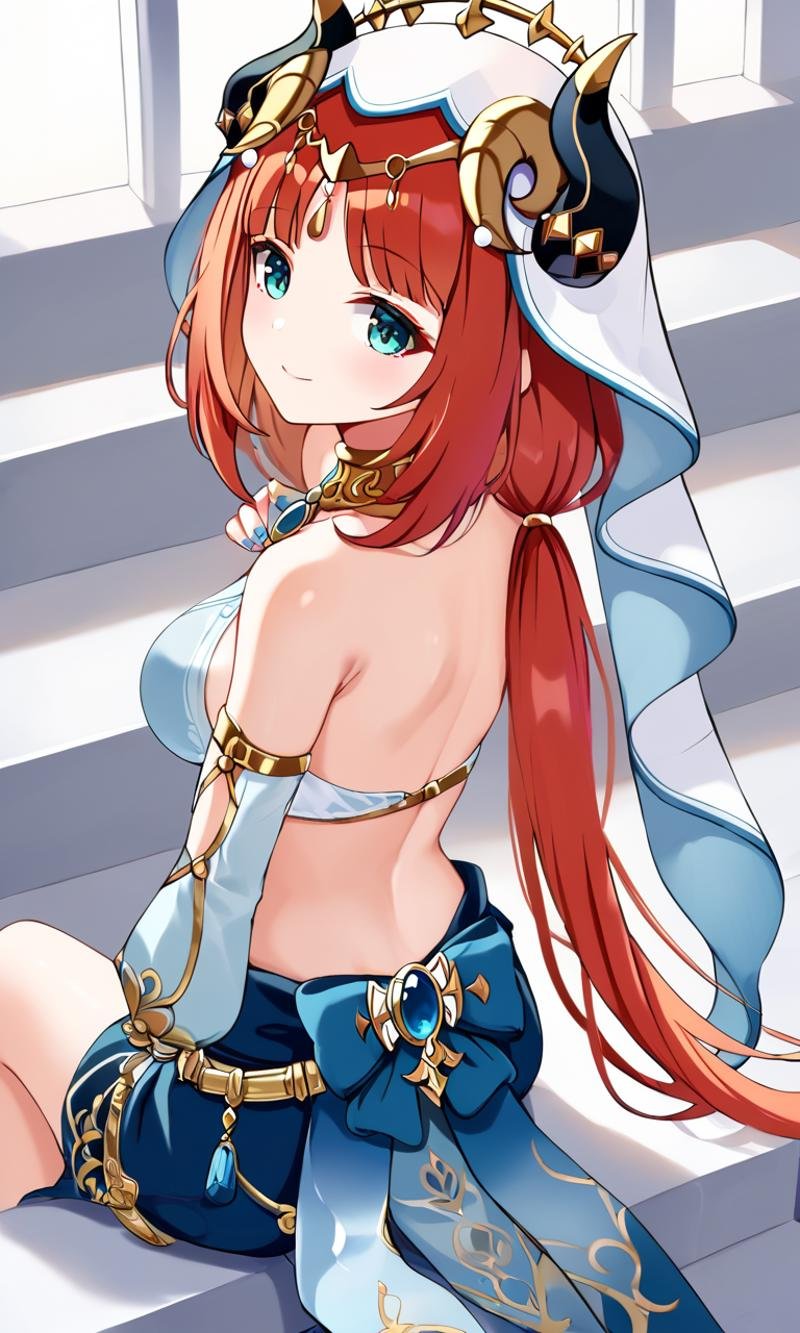 <lora:sdxl-gen-nilou-pony:0.8> gen-nilou, GenshinImpact, 1girl ,aqua eyes, eyeliner, orangered hair, shiny hair, horns, long hair, low twintails, parted bangs, sidelocks, medium breasts, blue nails, circlet, thighlet , neck ring +++ see-through veil, blue gemstone, white headwear, brooch, lightblue harem outfit, puffy long sleeves, bare shoulders, detached sleeves, gold trim, blue skirt+++ closed eyes, smile, +++ sitting on stairs, stairs, from above, looking back, wide shot from above sitting, cinematic lighting, magical rain