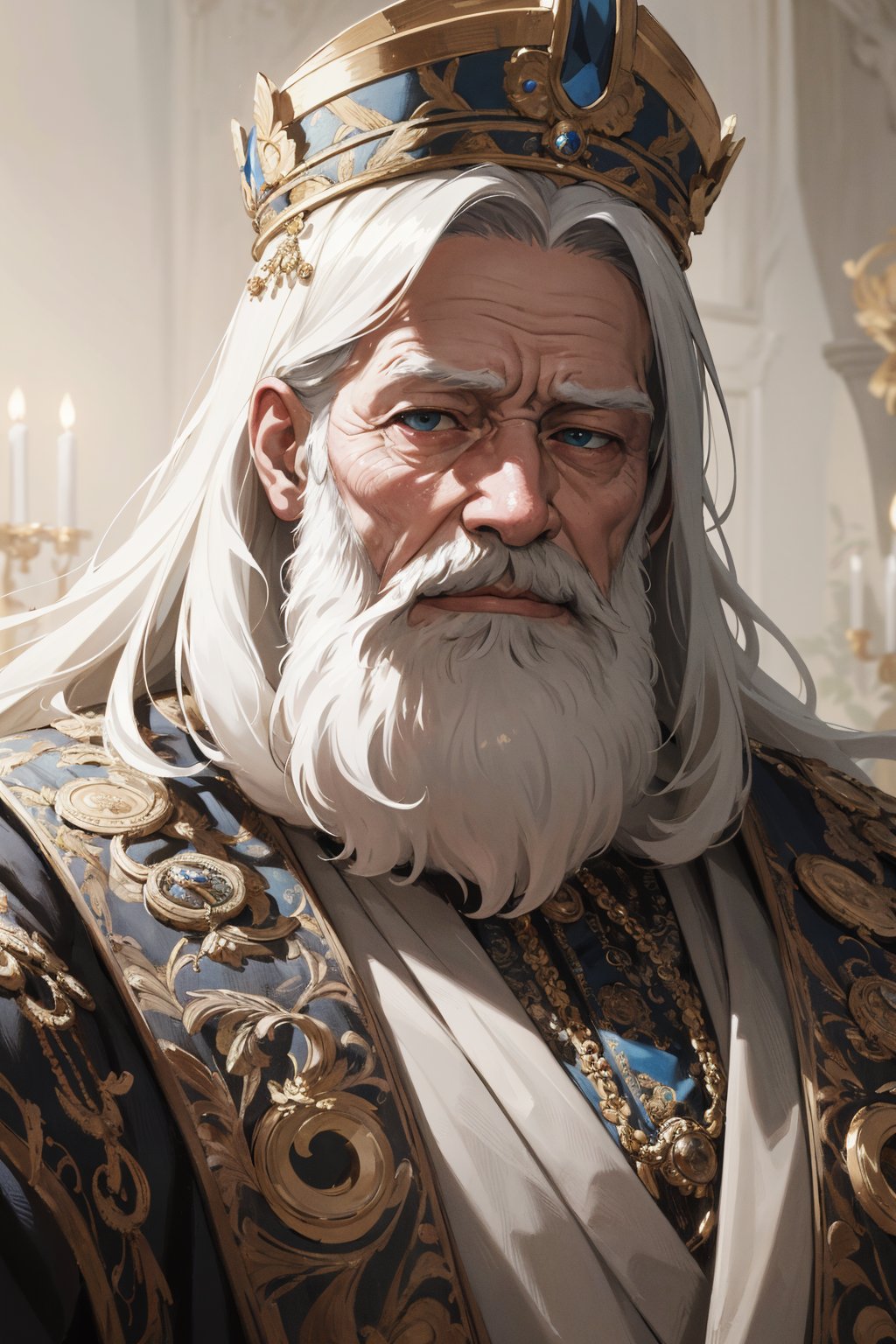 ((masterpiece)), ((best quality)), absurdres, 8k uhd, beautiful colors, insane detail,A portrait of an old ancient king with long white beard and ornate detailed royal clothes in insanely detailed ornate luxurious kingdom with a serious expression