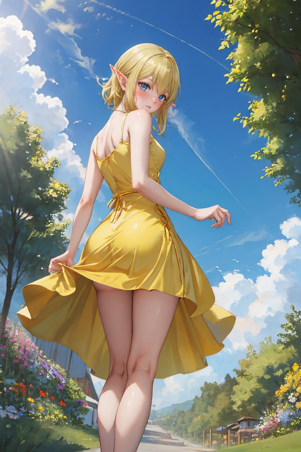 masterpiece, best quality, <lora:ryuulion-nvwls-v1-000008:0.9> ryuu, pointy ears, yellow sundress, from behind, blush, sandals, from below, sky, clouds, flowers