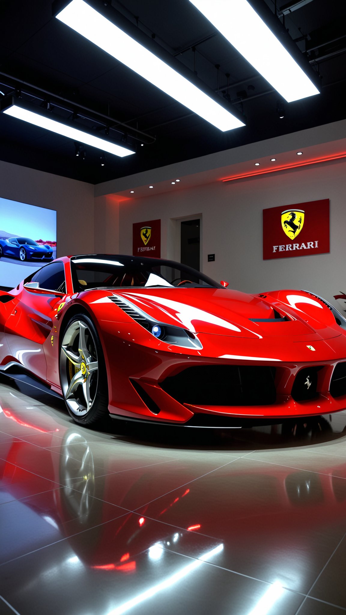 red Ferrari, concept car in the year 2070. in a designer Ferrari showroom. Subtle lighting. painstaking attention to detail. UHD