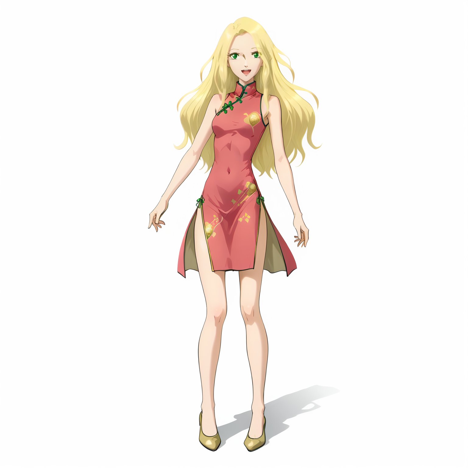 <lora:FatimaPasitheaXLpony002>,smile,open mouth,solo,FatimaPasithea,1girl,blonde hair,long hair,green eyes,full body,standing,print_cheongsam,