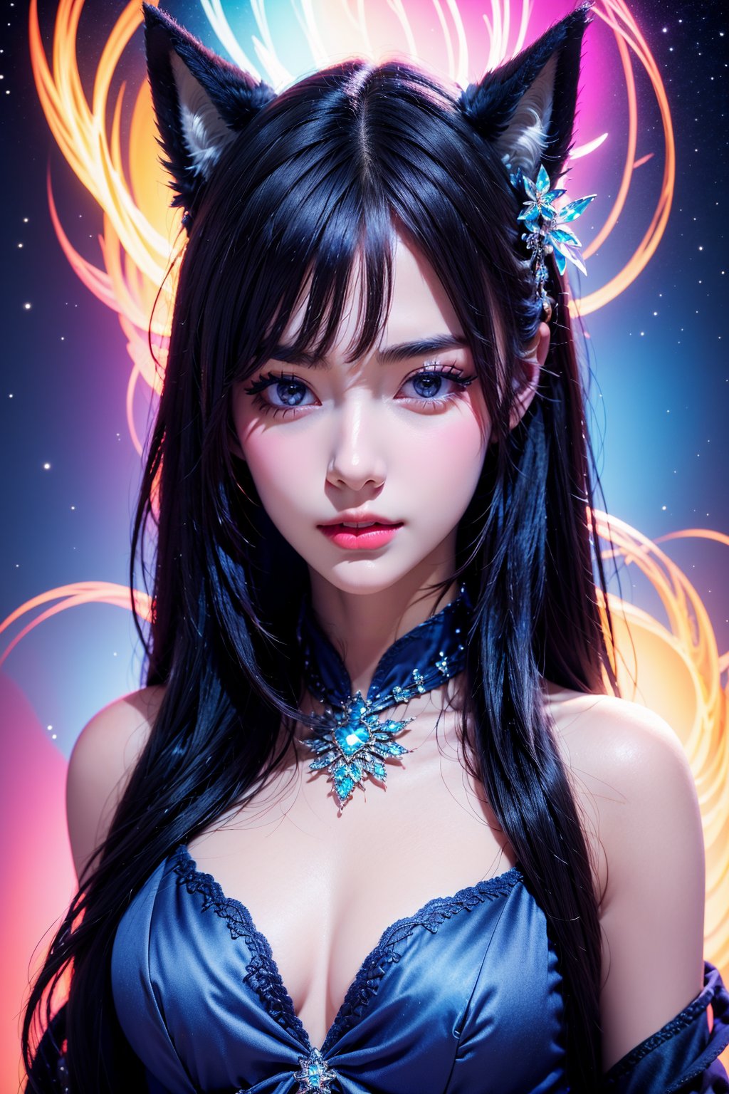 <lora:AgainRealistic_v2.0:1>,AgainRealistic_v2.0, 1girl, solo, animal ears, black hair, breasts, long hair, looking at viewer, upper body, dress, lips, parted lips, medium breasts, hair ornament, cat ears, fox ears, blue dress, cleavage, realistic, grey eyes, jewelry, animal ear fluff, hair flower, red lips, black eyes, makeup, flower, gem, nose, glowing, bare shoulders, blue eyes, star \(sky\)