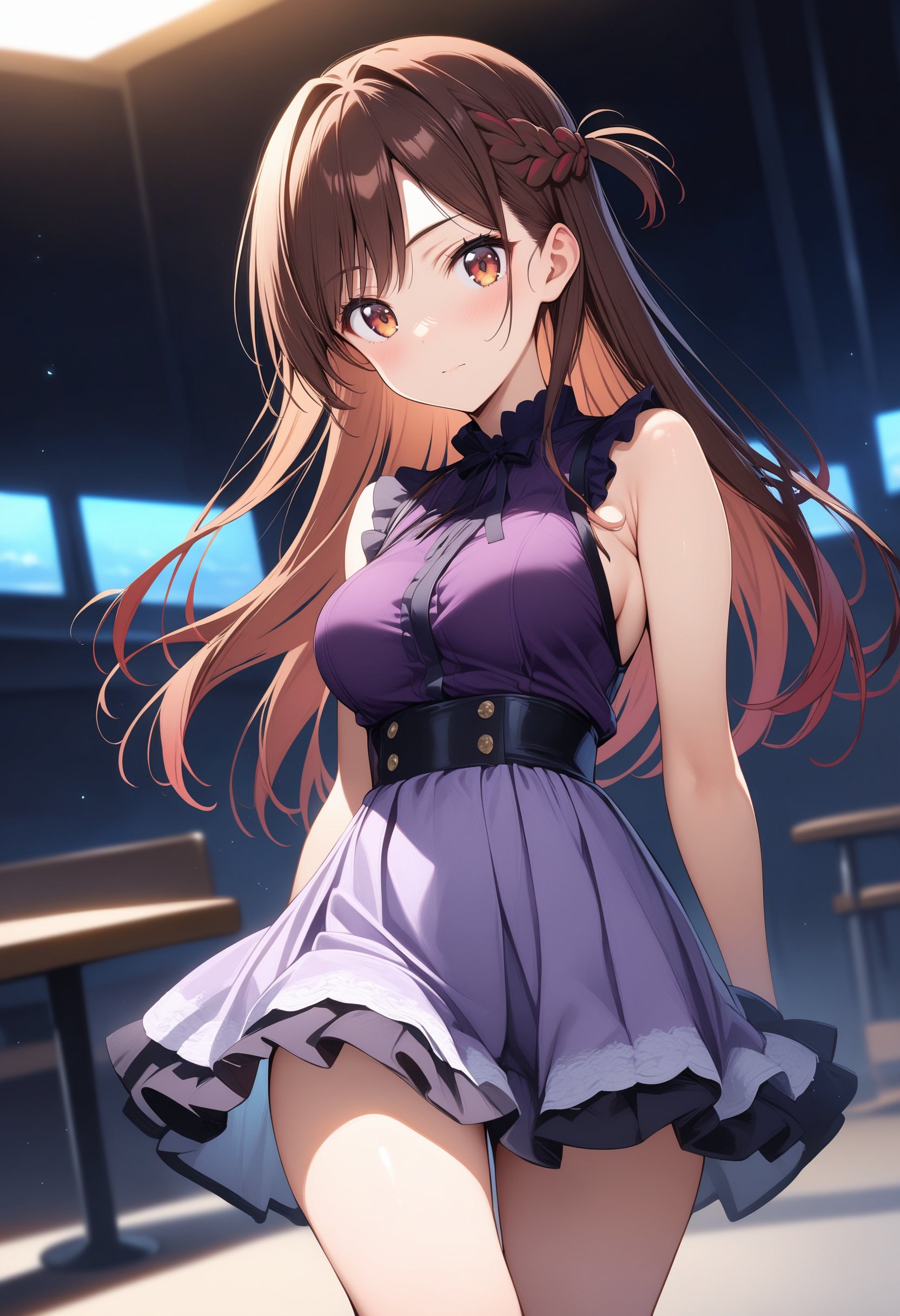 masterpiece, best quality, ultra detailed, very aesthetic,1girl, mizuhara chizuru, kanojo okarishimasu, brown hair, brown eyes, medium breasts, dress, purple dress, miniskirt, grey skirt, looking at viewer, 