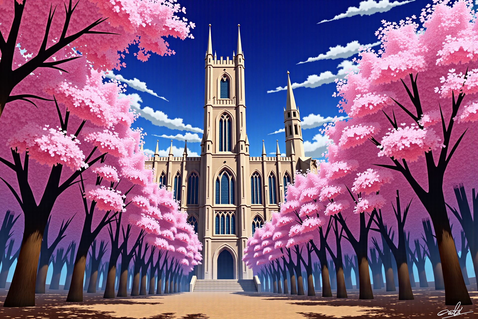 <lora:flux-shock-scenery:1>,The image is a digital illustration of a beautiful Gothic-style building with a tall tower and arched windows. The building is surrounded by trees with pink cherry blossom trees in full bloom, creating a magical and ethereal atmosphere. The sky is a deep blue, and the ground is covered in fallen leaves and twigs. The overall mood of the image is peaceful and serene, with a sense of serenity and tranquility.