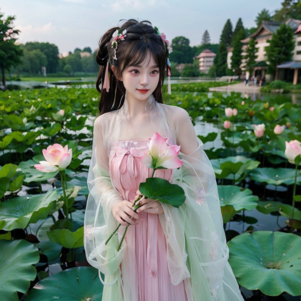 best quality,masterpiece,realistic,photorealistic,biji,1girl,chinese clothes,flower,hair flower,hair ornament,hanfu,long sleeves,looking at viewer,pink dress,see-through,lily pad,lotus,holding flower,cowboy shot,