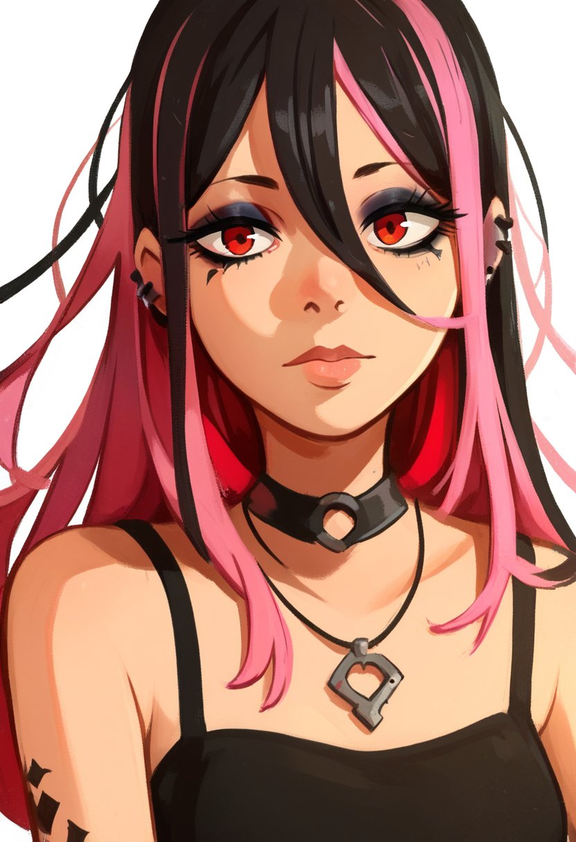 score_9, score_8_up, score_7_up, score_6_up, 1girl, goth, gothic, solo, looking at viewer,long hair,hair between eyes, bare shoulders, jewelry, black hair, pink hair, multicolored hair, glowing hair, tattoo, sleeveless, red eyes,necklace, two-tone hair, lips, makeup, white background, portrait, medium breasts,