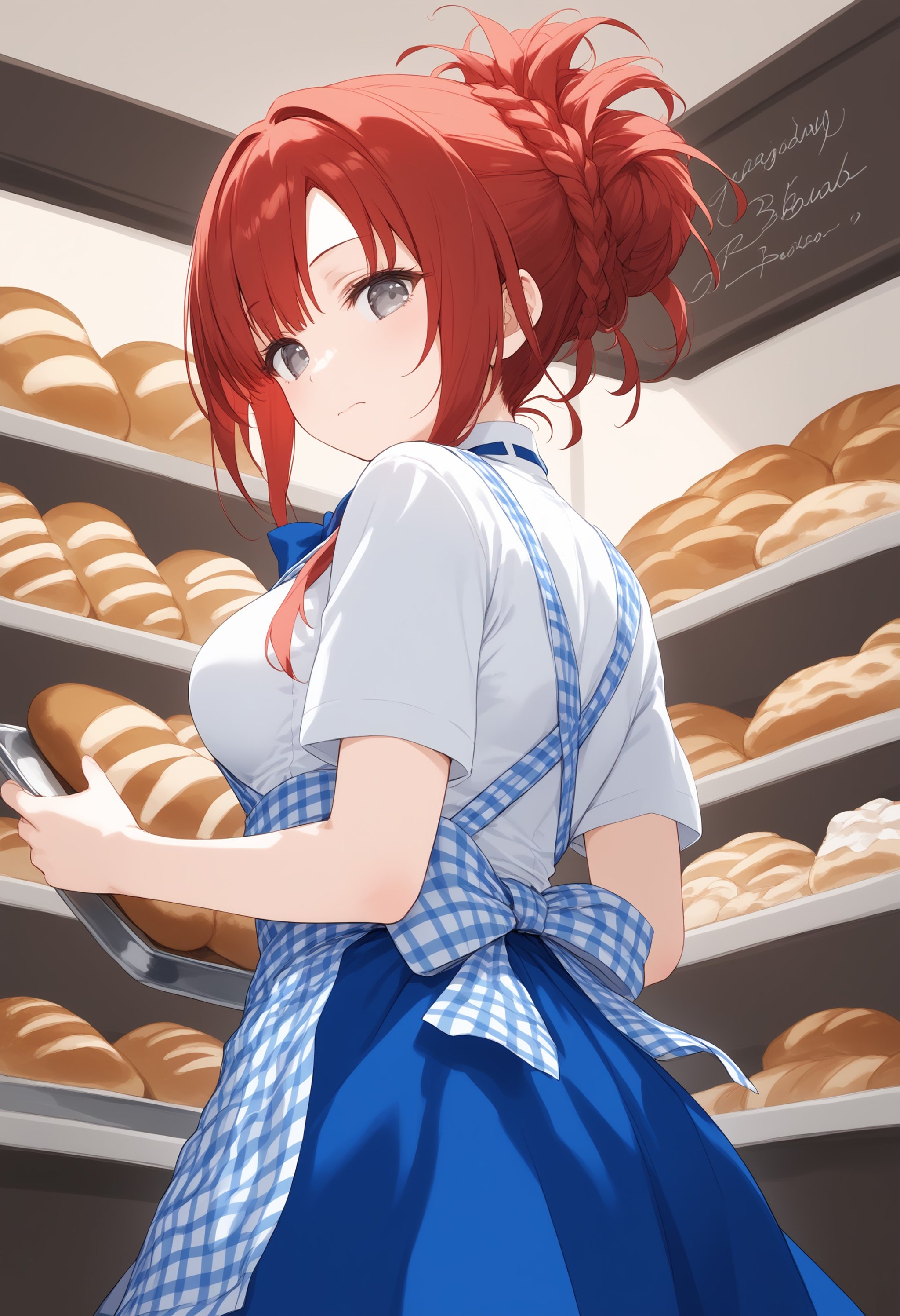 1girl, medium breasts,kobeya uniform, blue skirt, blue neckwear, gingham apron,Bakery, <lora:kobeya_Pony_v1:0.7>from below, upper body, looking back, red hair, silver eyes,anguish, closed mouth, bow-shaped hair,