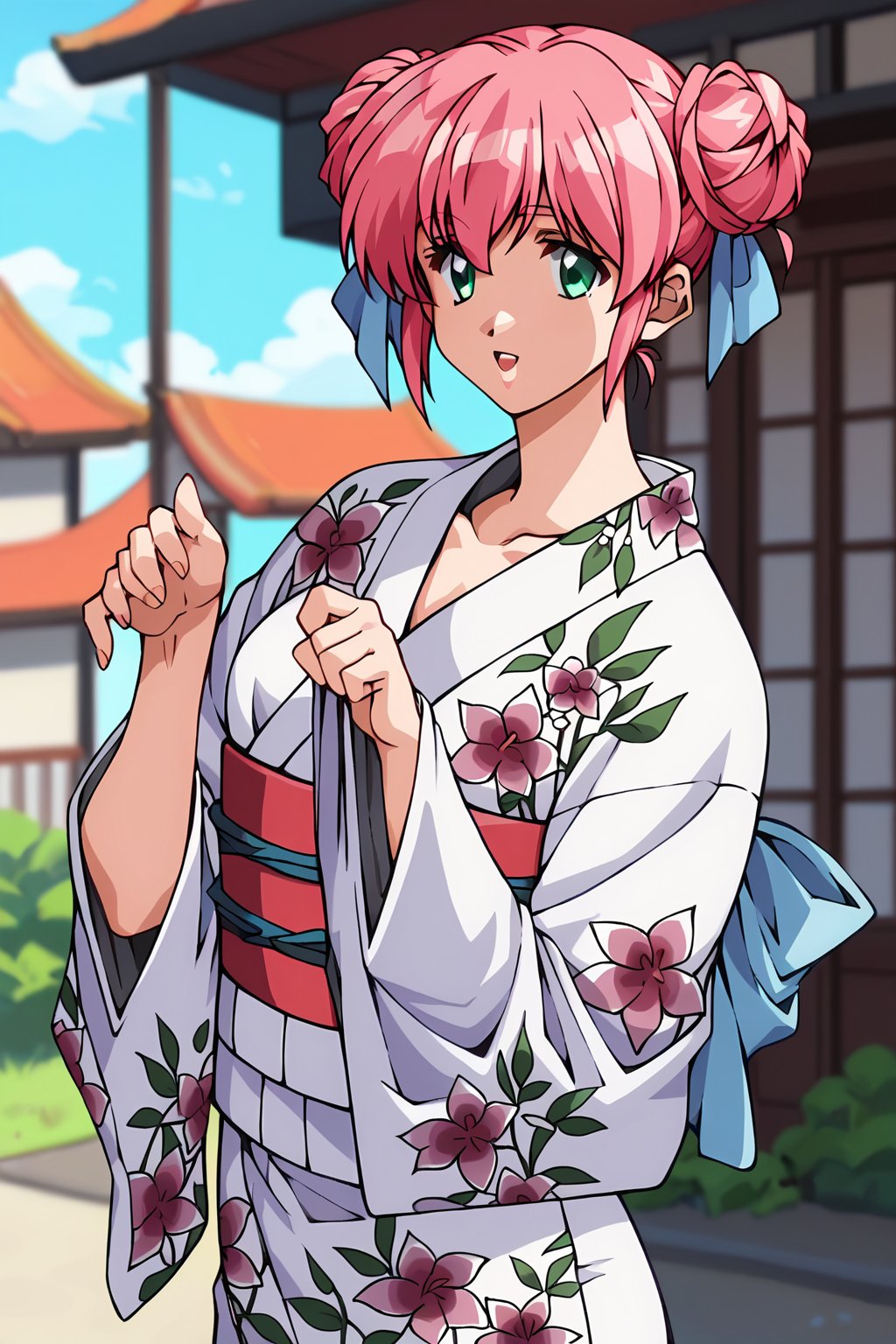 score_9, score_8_up, score_7_up, score_6_up, score_5_up, score_4_up, source_animesaeki kanako, 1girl, pink hair, green eyes, hair bun, double bun, hair ribbon, blue ribbon, solo, sash, obi, kimono, yukata, kanako_yukata, cowboy shot, hands behind back,masterpiece, perfect face, best quality, beautiful girl, blurry background, cute girl, beautiful eyes, shiny eyes, anime coloring, anime screencap, absurdres, outdoors. <lora:saeki kanako auti 822:0.8>