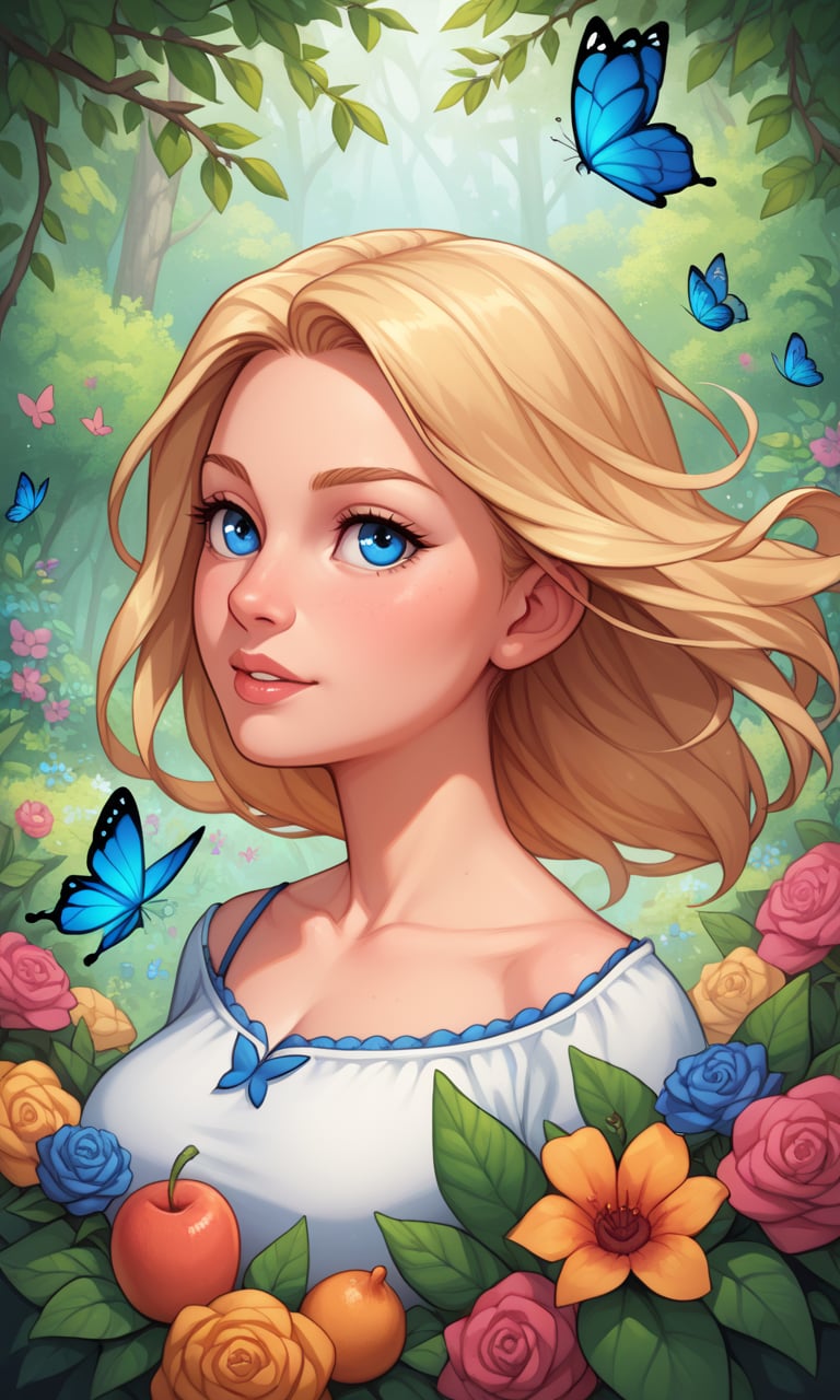 score_9, score_8_up, score_7_up, score_6_up, score_5_up, score_4_up, source_cartoon, BREAK, portrait, 1girl, solo, blonde hair, blue eyes, masterpiece, best quality, ultra-detailed, floating, beautiful detailed eyes, detailed light, fruits, flowers, colorful, garden, colorful background, forest, butterfly