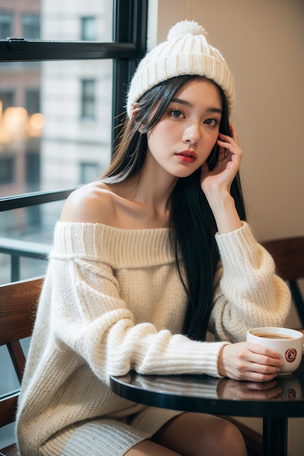 1 girl,solo,fine art photography,close up, black hair,Sitting at a table in a coffee shop,(Looking out of the window:1.2), A beige sweater, realistic,Long straight hair,A hat made of wool,indoor,bare shoulders,red lips,coffee cup, coffee,Volume lighting,Light and dark light