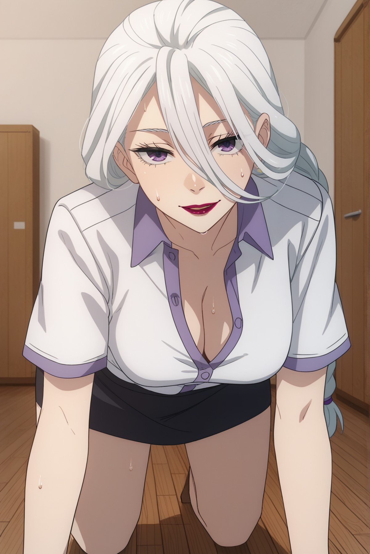 score_9, score_8_up, score_7_up, score_6_up, score_5_up, score_4_up, BREAK source_anime, 1girl, solo,<lora:MeimeiXL-v1-06:0.8>, ChopioMeiMei, white hair, looking at viewer,medium breasts, purple nails,long hair, braided ponytail, long bangs, hair tie, hair between eyes, purple eyes, red lipstick,outfit_3, white shirt, polo shirt, short sleeves, black skirt,indoors, gym, wooden floor, seductive smile, parted lips, thighs, standing, open collar, cleavage, open mouth, sweat, sweatdrop, all fours,