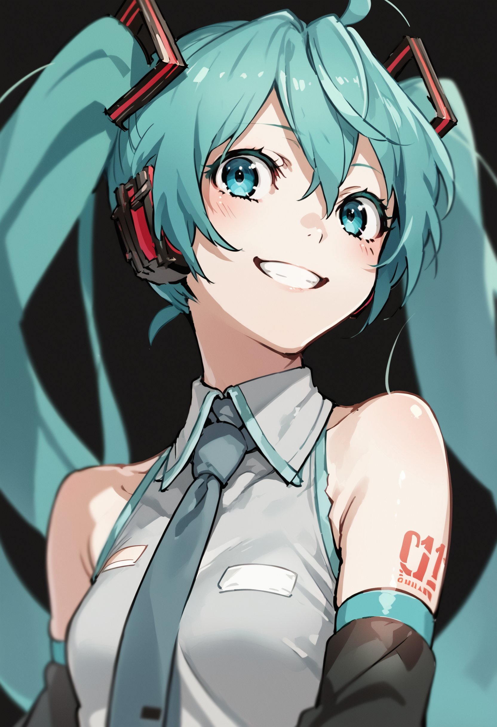 score_9_up score_8_up score_7_up, 1girl, hatsune miku, sleeveless, detached sleeves, necktie, smile<lora:style_yoneyama_mai_12A:1>