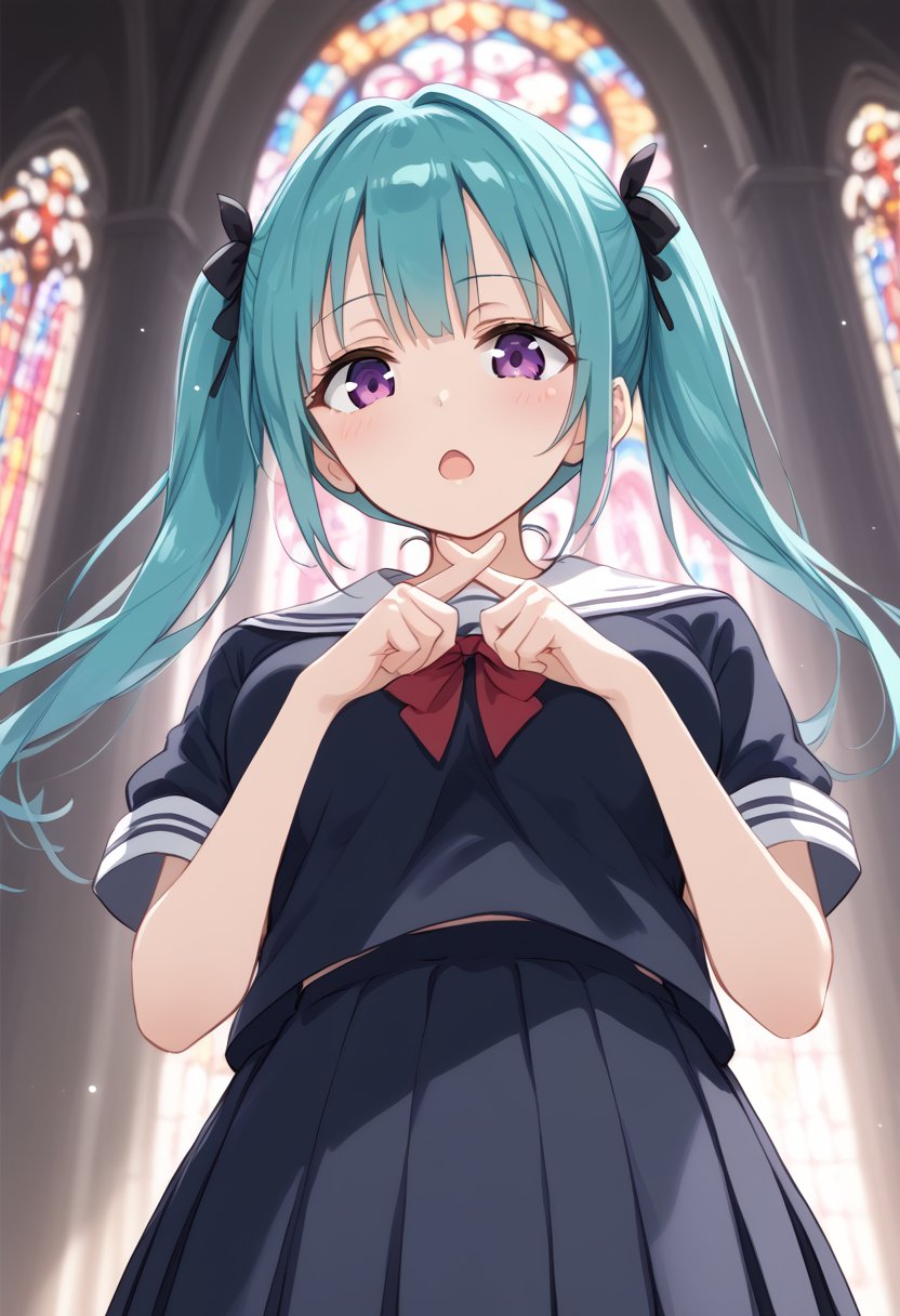 1girl, school uniform, medium breasts, solo,x fingers, <lora:xfingers_Pony_v1:0.8>from below, fisheye lens, looking down, aqua hair, purple eyes,grimace, in church dark, open mouth, split ponytail hair,