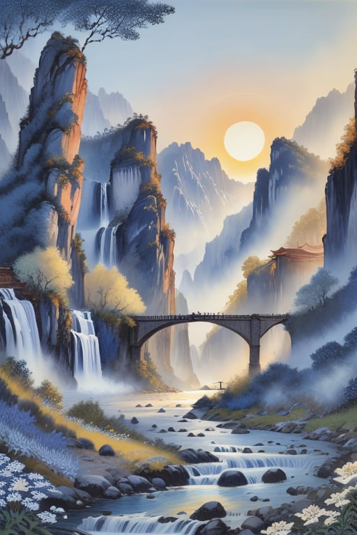 Blue and white porcelain style landscape painting,landscape painting, sun, mountains, rivers, trees, flowers and plants, ancient buildings, waterfalls,, (best quality), ((masterpiece)), (an extremely delicate and beautiful), original, extremely detailed wallpaper