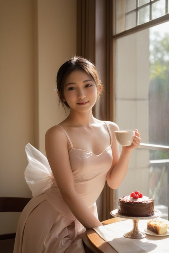 (vivid:1.2), HDR, 20yorealistic photo of a Japanese woman,Graceful Ballet Attire: "Graceful ballet attire with a flowing tutu and fitted bodice""A woman with a relaxed demeanor enjoys a cup of coffee alongside a decadent slice of cake. The warm sunlight streams through the window, casting a gentle glow on her face and highlighting the rich colors of the dessert. The composition is carefully arranged, showcasing the inviting scene and the woman's contented expression."