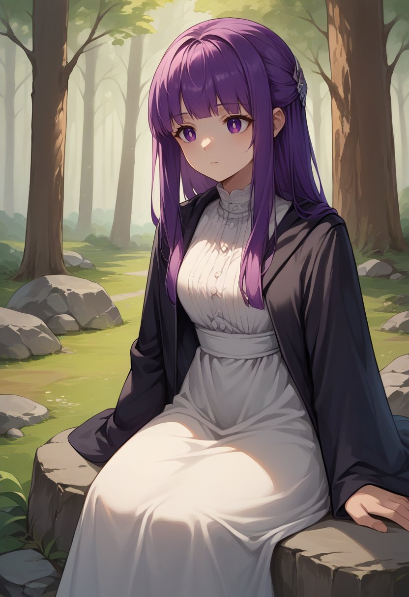 score_9, score_8_up, source_anime, 1girl, solo, FernBase, purple eyes, purple hair, long hair, half updo, hair ornament, white dress, collared dress, black robe, outdoors, forest, sitting, rock,<lora:CHAR-FernPonyXL:1>