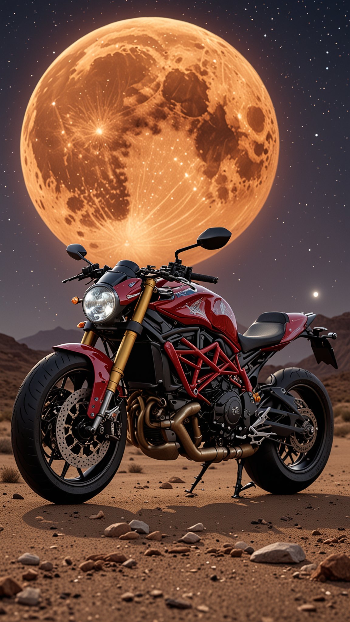 Starry night Ride on a Ducati 916, through a long desert road, Vibrant colours, digital art ,8k high quality detailed, the moon, amazing wallpaper, digital painting highly detailed, 8k UHD detailed oil painting, beautiful art UHD, focus on full glass sphere, bokeh, background Modifiers: extremely detailed Award winning photography, fantasy studio lighting, photorealistic very attractive beautiful imperial colours ultra detailed 3D, (Very Intricate), UHD,