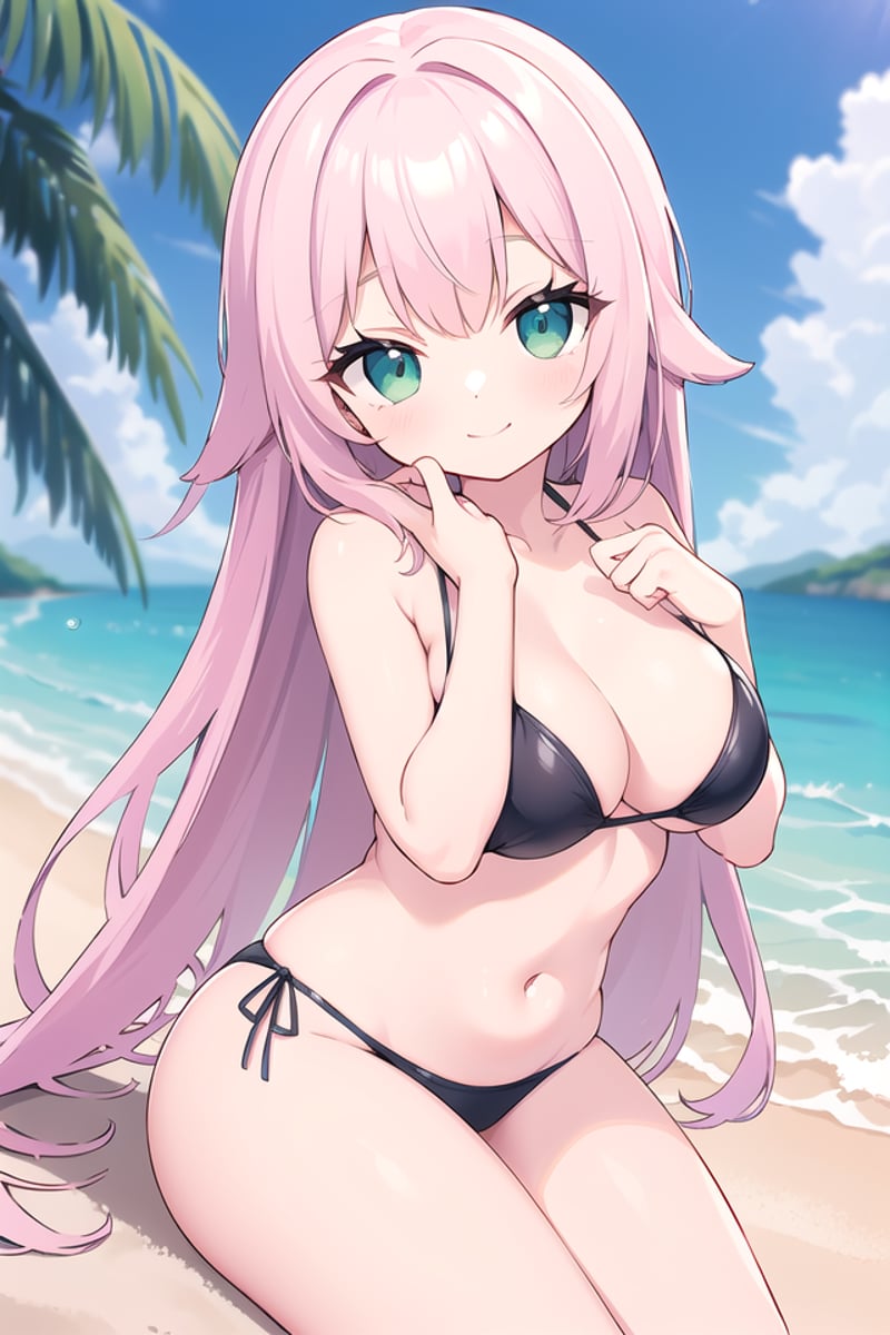 insanely detailed, absurdres, ultra-highres, ultra-detailed, best quality,1girl, solo, nice hands, perfect handsBREAK(nipples, coat, clothes:-1), wearing pastel green swimwearBREAKseductive smile, closed mouth,sitting on sand of beach, seductive pose, cowboy shotBREAKslender, kawaii, perfect symmetrical face, ultra cute girl, ultra cute face, ultra detailed eyes, ultra detailed hair, ultra cute, ultra beautifulBREAK(at seashore, seaside, coast, beach, tropical, sky, blue ocean:1.2), depth of field, ultra detailed background, (very wide, panorama view, sense of depth, magnificent view:1.3)BREAKmedium large breasts, , extremely detailed navel,  (shiny skin:1.3)BREAKpink hair, dark green eyes, long hair,