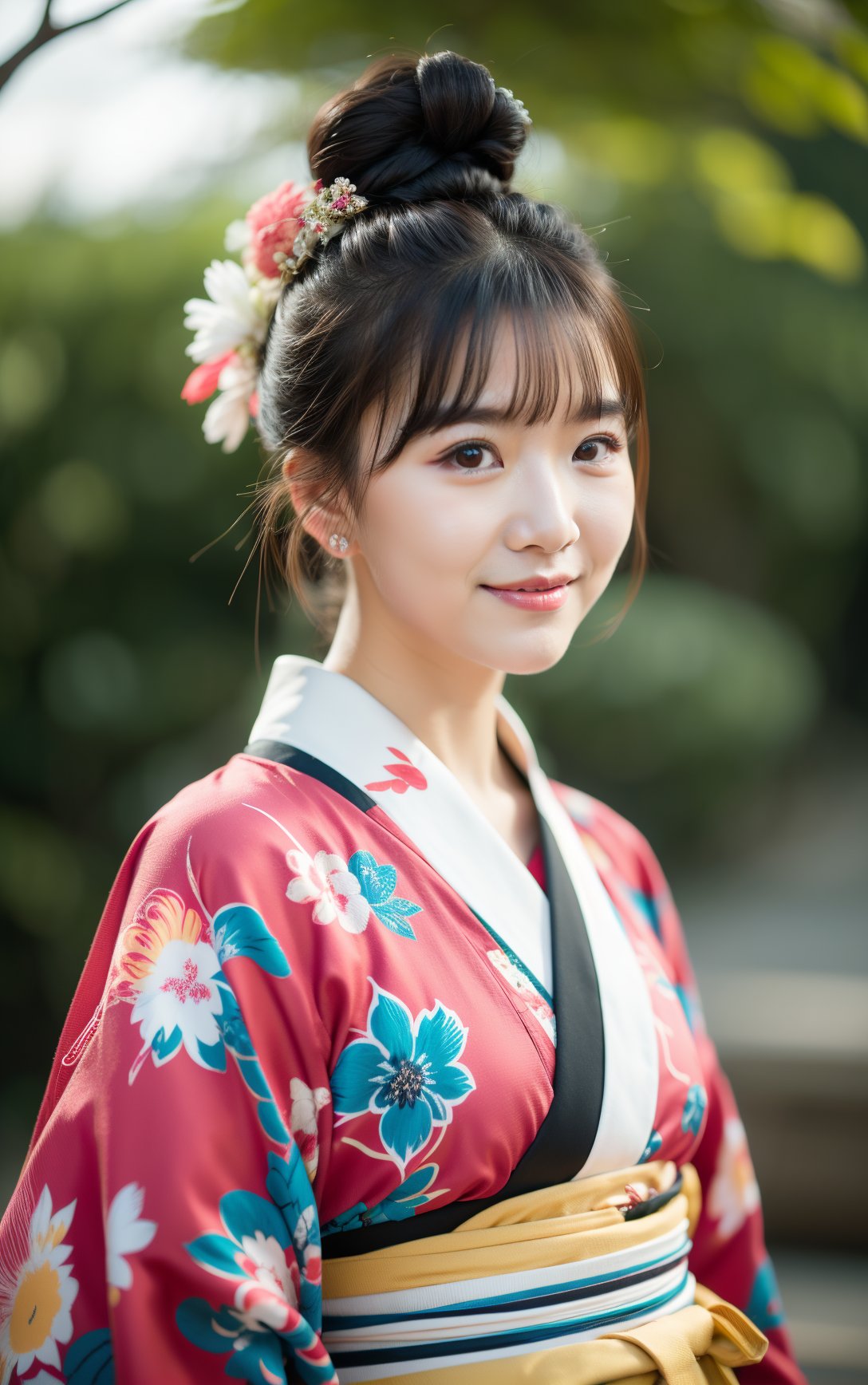 (masterpiece),(best quality),loli,1girl,japanese clothes,solo,kimono,flower,hair ornament,hair flower,smile,brown hair,looking at viewer,blurry,blurry background,upper body,bangs,brown eyes,open mouth,blush,long hair,floral print,red flower,:d,red kimono,hand up,print kimono,hair bun,depth of field,single hair bun,bow,sidelocks,fur collar,long sleeves,sash,(Canon RF 85mm f/1.2L 85mm ),,