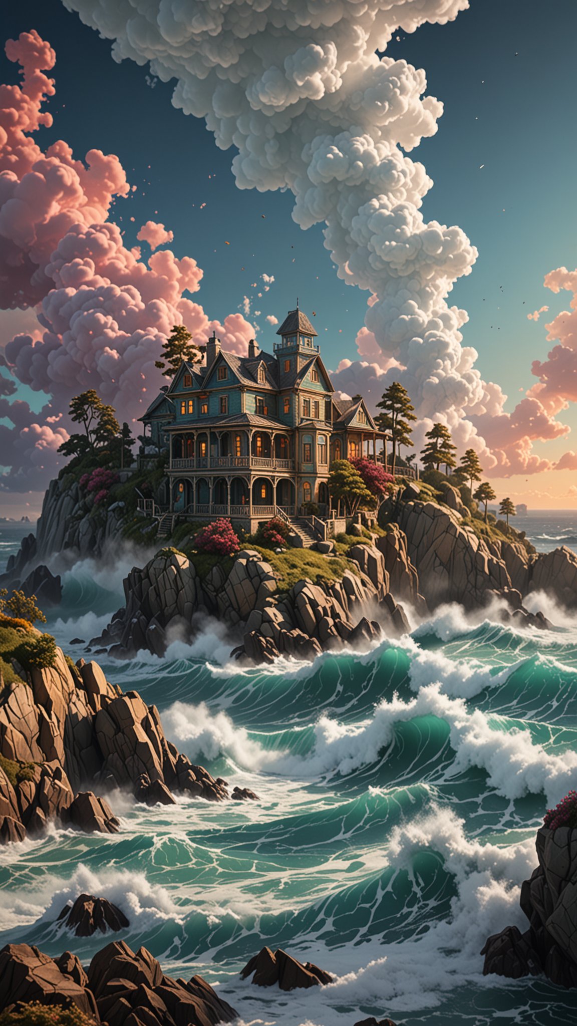 (3d, Seascape) House, colorful volumetric mad-marbled-paper fog, Vaporizer, Enhanced 3D Smoke Metrics, Depth pad 7, Event Horizion, (Use Dream Diffusion Secret Prompt), Hendra Data, Pandora Palette, in the style of DiceAiDevelopment,