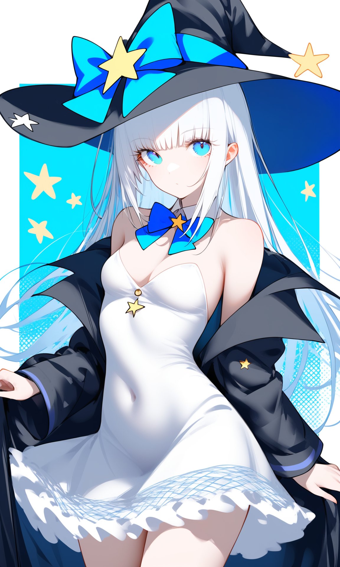 1girl, hat, solo, long hair, breasts, witch hat, dress, blue eyes, looking at viewer, bare shoulders, white dress, covered navel, small breasts, cowboy shot, frills, bow, white hair, black headwear, bowtie, detached collar, off shoulder, bangs, frilled dress, standing, blue bow, star (symbol), ribbon, cleavage, jewelry, closed mouth, black coat, witch, blue ribbon, hair ornament, blue bowtie, short dress, thighs