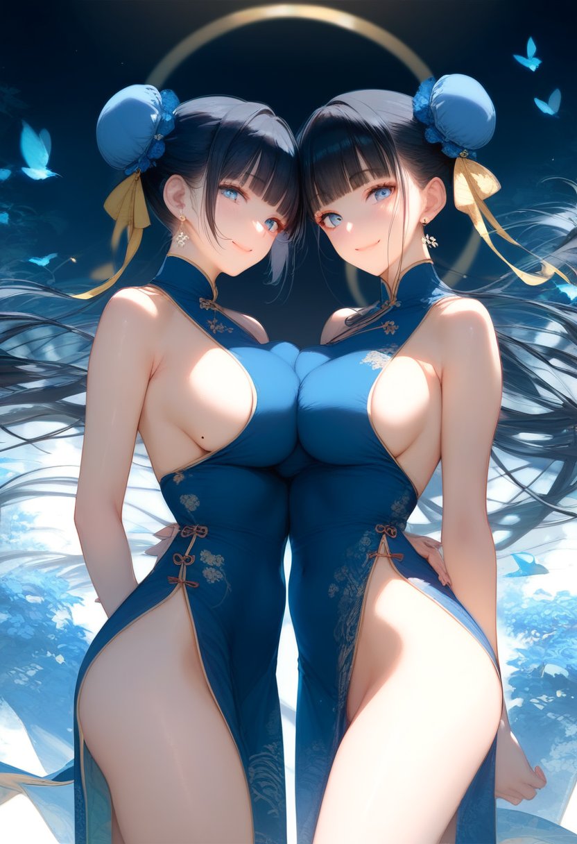 score_9, score_8_up, score_7_up, score_6_up, score_5_up, score_4_up, <lora:style1:1>, style1, breasts, dress, china dress, chinese clothes, multiple girls, 2girls, blue eyes, black hair, hair bun, breast press, large breasts, looking at viewer, mole, double bun, long hair, bangs, smile, dark background, official wallpaper, hair ribbon, ribbon, sideboob, thighs, closed mouth, short sleeves, pelvic curtain, symmetrical docking, mole on breast, blue dress, side slit, from side, blunt bangs, bare shoulders, yellow ribbon, no panties, arms behind back, sleeveless, bare arms, sidelocks