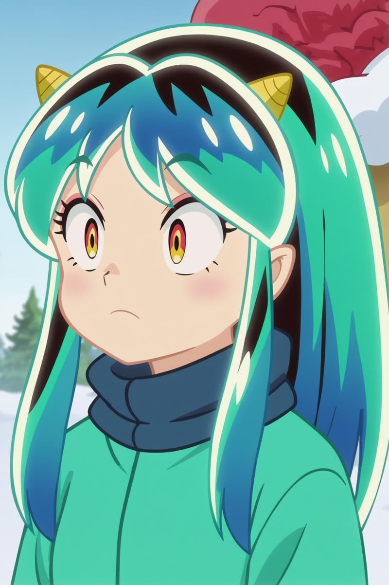 rating_safe,  anime screencap, consistent background,   Lum, oni horns, oni, winter dress <lora:Private_Urusei_Yatsura_2022-Lum-PDXL:0.8>