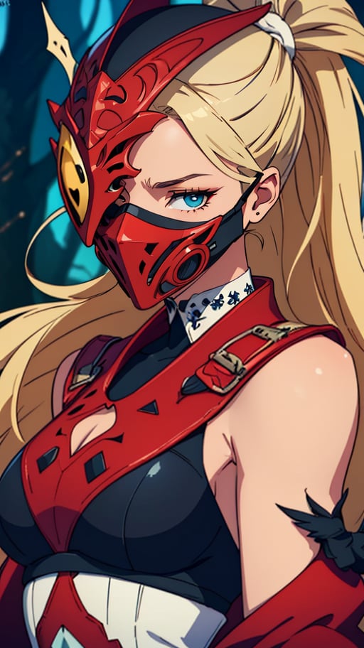 (masterpiece drawning, high quality), (solo:1.1), a digital art of a girl, (Code Vein Mask), high detailed gothic dress, (red/white/black), mistery forest, extreme details, (vibrant color), (intricate details)