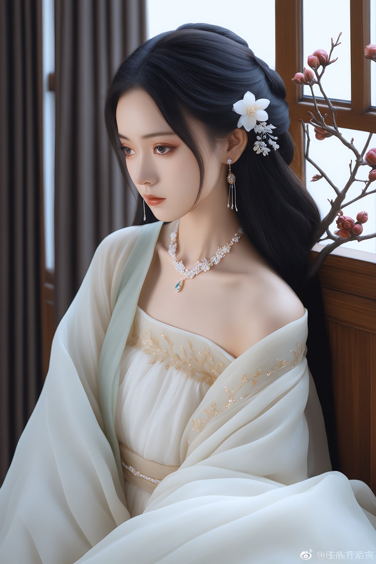 masterpiece,best quality,high quality,normal quality,1girl,upper body,solo,Off Shoulder,hanfu,dress,curtains,jewelry,long hair,black hair,white dress,earrings,looking to the side,branch,expressionless,flower,closed mouth,hair ornament,window,necklace,realistic,weibo logo,windowsill,