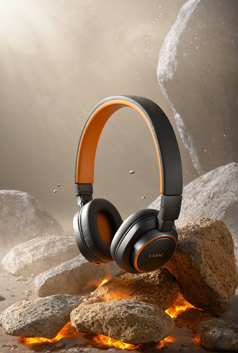 Product rendering scene,a headphone floating on rocks,splashing rock fragments,smoke,dust,debris,dust,orange background,simple background,gloss,reflection,dynamics,futuristic style,3D rendering,octane rendering,gravel,and a sense of technology.y..,Fujicolor,chiaroscuro,Canon,Sony FE GM,<lora:aki-3c数码-000008:0.6>,