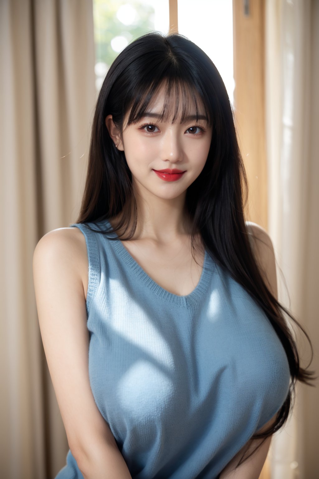 1girl, black hair,(huge breasts:1.2), brown eyes, curtains, indoors, lips, lipstick, long hair, looking at viewer, makeup, blue,sweater, sleeveless, smile, solo, sweater, upper body 