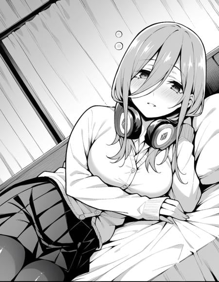 score_9, score_8_up, score_7_up, source_anime,mikunakano, <lora:miku-nakano-manga-ponyxl-lora-nochekaiser:1>,miku nakano, long hair, bangs, shirt, hair between eyes, headphones, cardigan, headphones around neck, monochrome, greyscale,skirt, shirt, long sleeves, white shirt, pantyhose, pleated skirt, black pantyhose, cardigan,indoors, bed, bed room, on side, blush, drunk,looking at viewer, cowboy shot, dutch angle, solo, mature female,