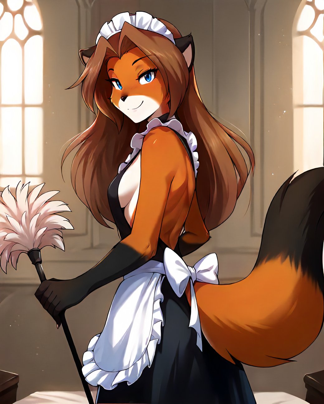 score_9, score_8_up, score_7_up, score_6_up, score_5_up, score_4_up, rating_explicit, source_furry, female, cute anthro female, cute face, maid, maid apron, palace, detailed background, (bare shoulders:1.2), looking at viewer, side view, (half-closed eyes:1.1), lewd expression, (raised tail:1.2), attractive pose, solo, solo focus, from behind, looking back, (long hair:1.3), (feather duster:1.1), (backless outfit, sideboob, :1.3), naughty face, smile, medium breasts, tklaura, fox, brown hair, <lora:Larua_TwoKinds_XL_epoch_5:1>, mammal, blue eyes