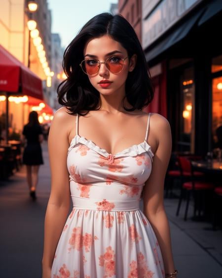 cinematic film still sundress cafe date, sunglasses,  casual and cute,((pastel floral hem cotton sundress)), high heels, collarbone, outdoor cafe, spring blossom, cheerful, vibrant colors, detailed, warm, pleasant, girl next door, 8k resolution  best quality, high quality, high detail, 4k, 8k resolution,  film grain,rim lighting Twilight Intrigue, Dusky, intriguing, shadowy, noir allure, by Helmut Newton . shallow depth of field, vignette, highly detailed, high budget, bokeh, cinemascope, moody, epic, gorgeous, film grain, grainy