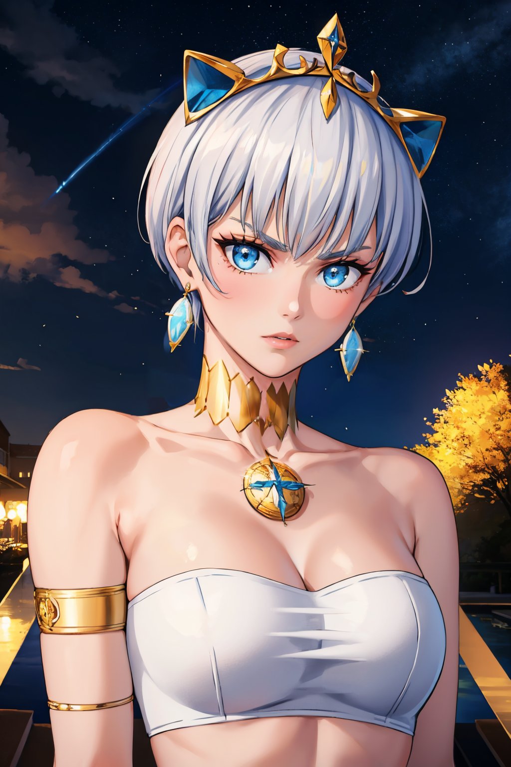 masterpiece, best quality, <lora:majocleopatra-nvwls-v1:1> majoCleopatra, tiara, earrings, white shirt, bare shoulders, strapless, white crop top, armlet, bracer, upper body, portrait, looking at viewer, large breasts, night sky, furrowed brow, serious