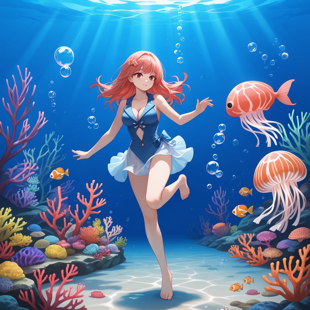 (masterpiece), (best quality),(illustration), ((chinese colorful ink)),wide shot, best quality, epic scenes, impactful visuals, 1girl, underwater, solo, barefoot,  jellyfish, cleavage, bubble, , bangs, coral, bare legs, sleeveless, full body, medium breasts, air bubble, fish