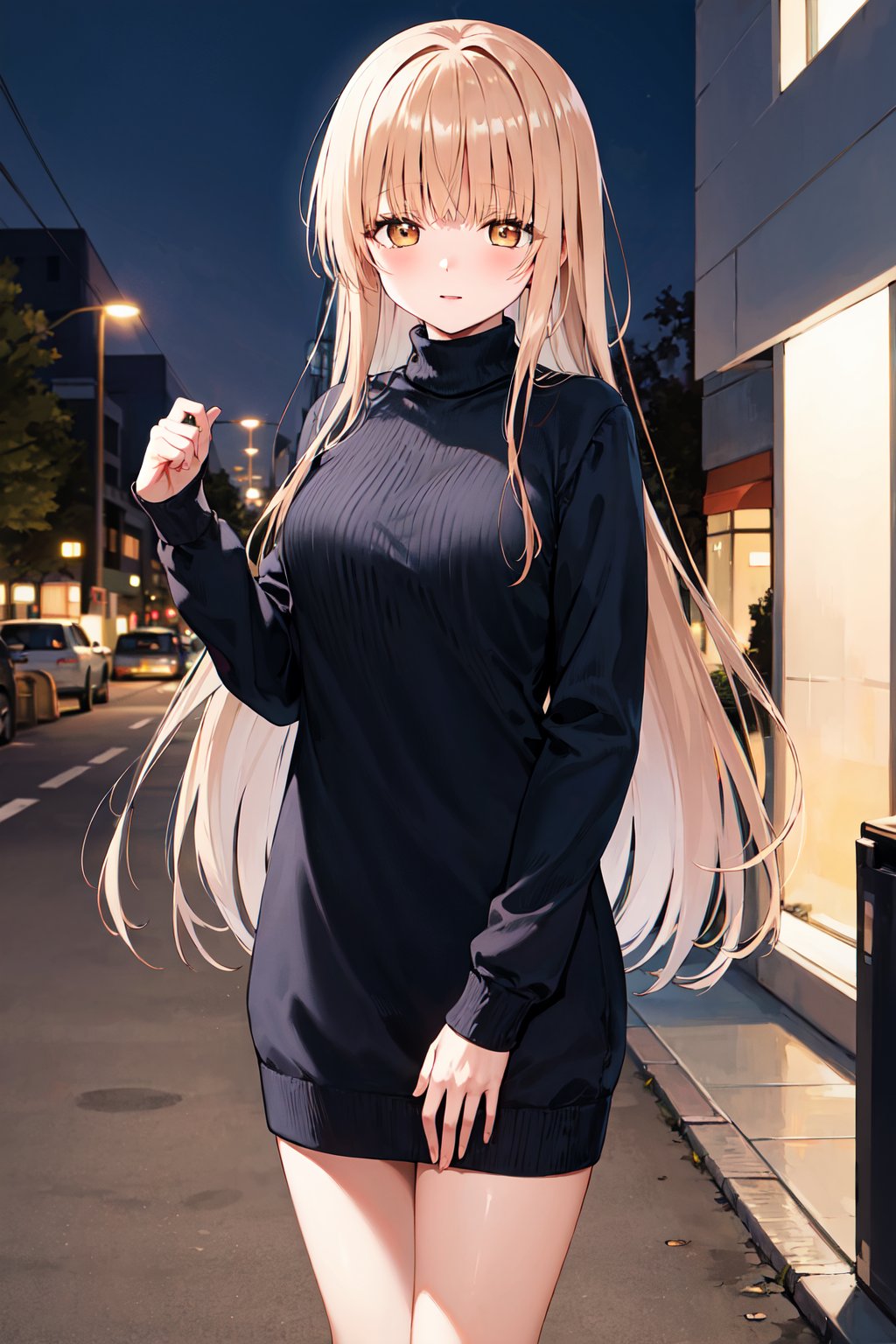 masterpiece, best quality, highres, aamahiru, long hair, <lora:shiina_mahiru_v1:0.7>, small breasts, sweater dress, turtleneck, night, street, standing