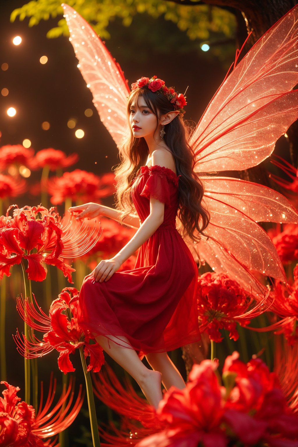 red_lycoris, 1girl, black hair,flower, solo, long hair, wings, red flower, pointy ears, dress, barefoot, hair flower, fairy, nature, hair ornament, tree, red dress, blurry, forest, head wreath, glowing, very long hair, outdoors, depth of field, fairy wings,looking at viewer<lora:精灵1-000016:0.8>