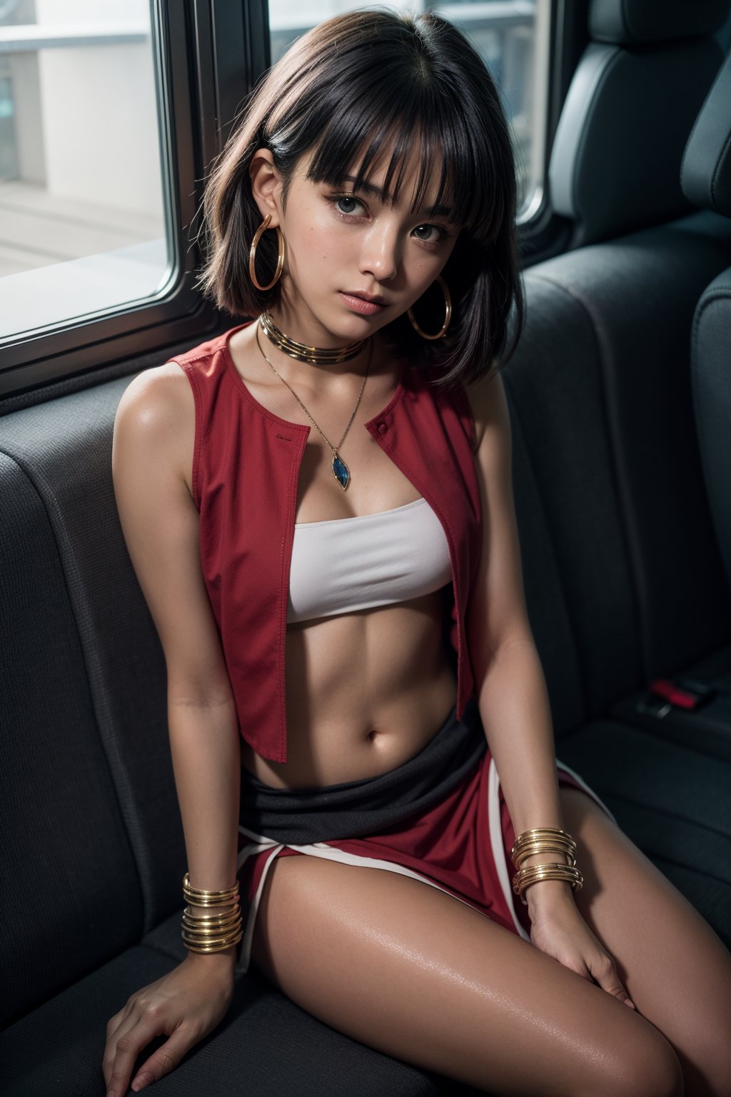 official art, extremely detailed CG unity 8k wallpaper, highly detailed, shiny skin, Depth of field, vivid color,vest,jewelry,tube top,loincloth,blush, public, embarrassed, sitting, train interior, nature, window, <lora:11nadia:0.8>,nadia