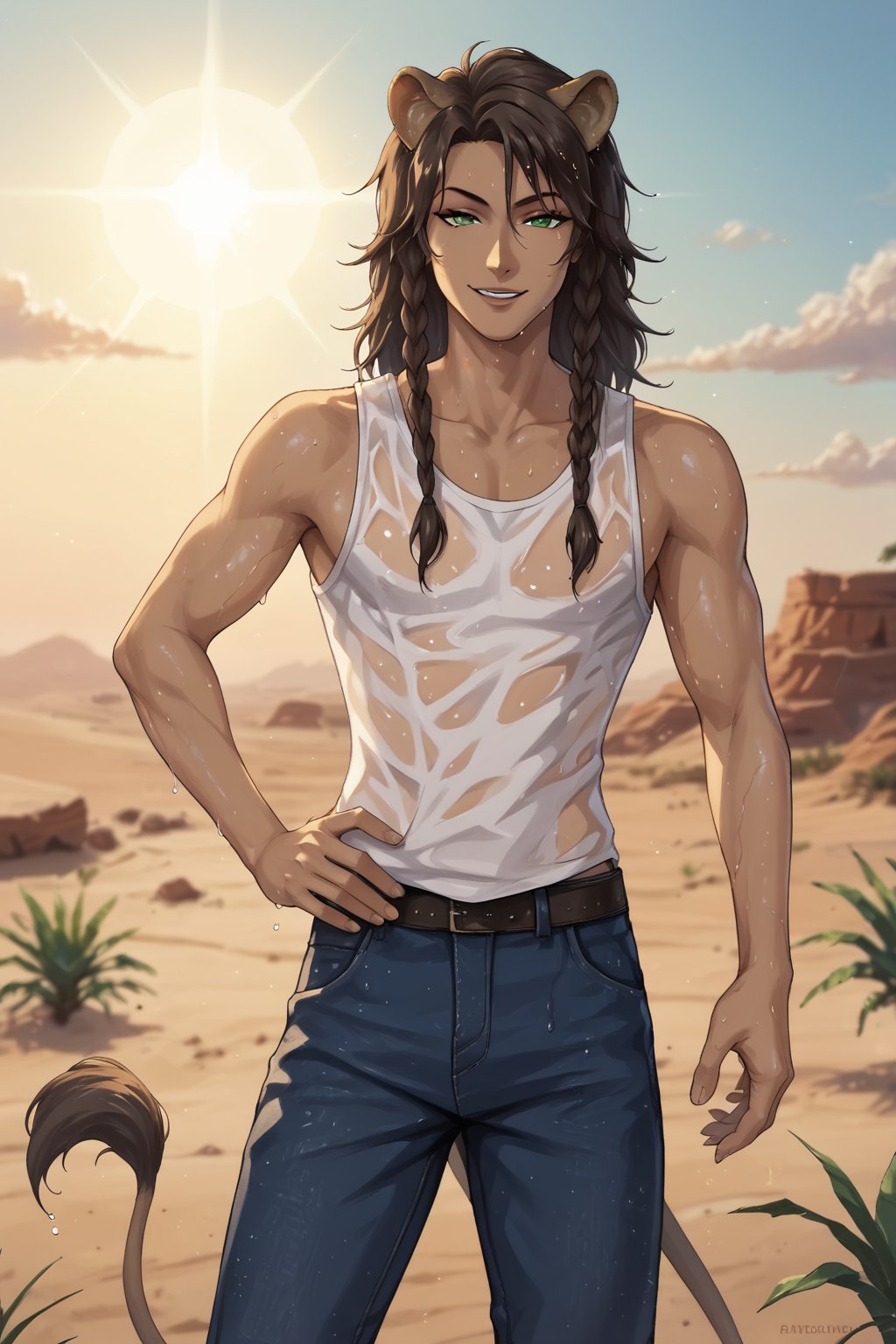 score_9, score_8_up, score_7_up, source_anime, BREAK, 1boy, bishounen, dark skin, dark brown hair, twin braids, long hair, lion ears, green eyes, (perfect eyes:1.2), toned, white tanktop, blue jeans, sweat, wet, detailed eyelashes, broad shouldered, seductive smile,BREAK, (three quarter view:1.4), outdoors, desert, savannah, sun, day, hand on hip, leaning, boy, leona_kingscholar<lora:EMS-342536-EMS:1.000000>, <lora:EMS-18850-EMS:0.800000>, <lora:EMS-361072-EMS:0.800000>